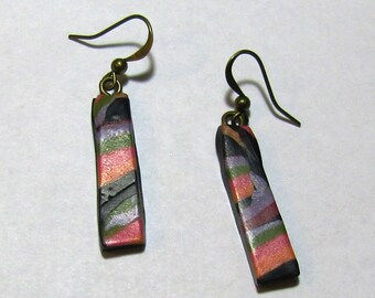 Black and Orange Oblong Lightweight Polymer Clay Earrings by Carol Wilson of Je t'adorn