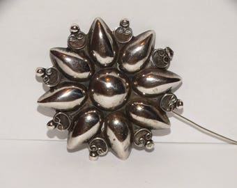 Large Sterling Silver Stamped Flower Brooch.