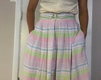 70s Pastel Striped Cotton High Waist Skirt