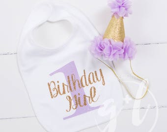 First Birthday Bib & Party Hat, Purple and Gold Princess Hat, First Birthday Set