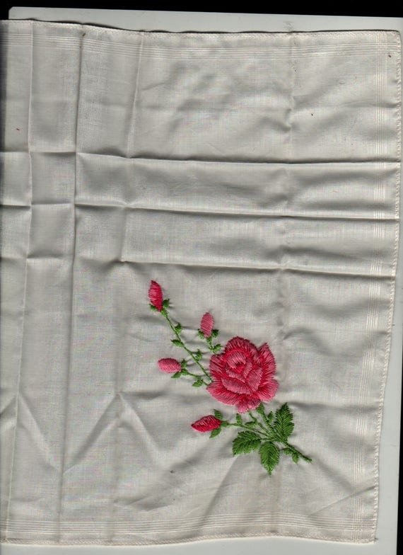 Pink Rose Embroidered Handkerchief + Vintage Linens