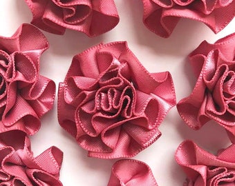 4 Large Dusky Pink Ribbon Ruffle Roses Rosettes Flowers 3.5cm - Card Making Embellishments Craft Sewing