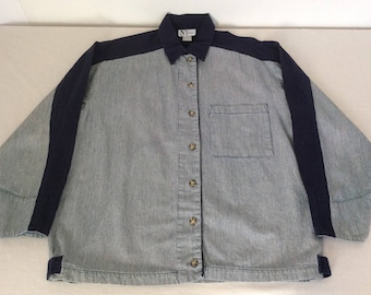 NY Jeans Womens Size Small Vintage Oversized Shirt Jacket Blue Spellout Logo Conductor Stripe