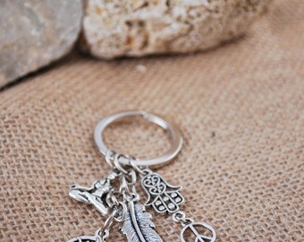 Ohm symbol keychain, silver tone hippie keychain, yoga keychain, hamsa hand keychain, feather keychain, sun key chain.