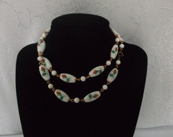 Vintage 1950s White Milk Glass Necklace with Printed Rosebuds, Mid Century Mod Necklace 26" long, Fabulous Unique & Chic