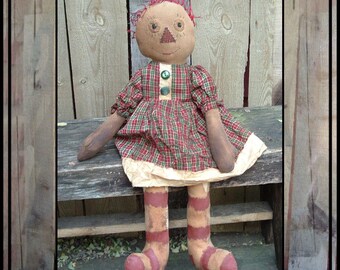 SALE mailed paper pattern Primitive folk art raggedy appliqued nose painted legs rag doll HAFAIR OFG faap 350
