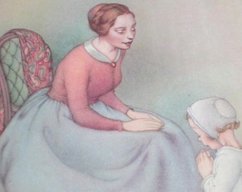 Vintage Illustration, Mother Daughter, Evening Prayers, Marjorie Torrey Art, 1940s Color Illustration, 1946 Sing in Praise, Caldecott Honors
