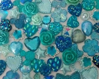 100 Teal embellishments hearts stars pearls flowers ect flat back card making scrap booking bling decorating frames