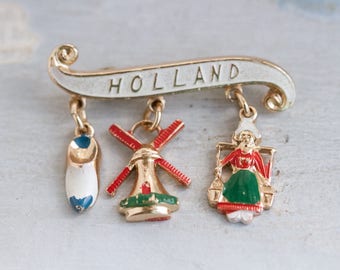 Holland Lapel Pin - Windmill Colg and Dutch Water Girl - Souvenir Brooch