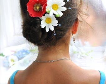 Flower hair pin Red poppy flower hair wildflowers hair pin red hair pin flower hair accessories poppy flower hair clip flower wedding rustic