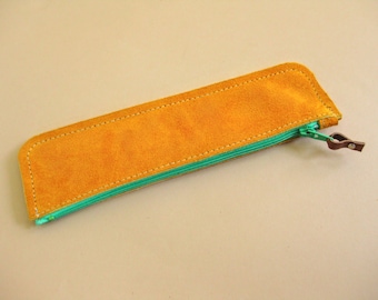 Rainbow pouch - Turmeric suede leather with green zip - pen case, cosmetics case, coin purse