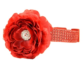Red Rhinestone Dog Collar Flower Set, Dog Collar Flower: Red Hot Rhinestone