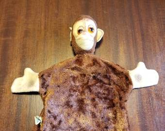 Cute 1950's Vintage Mohair Straw Stuffed Character Design Crooked Faced Monkey Glove Animal Hand Puppet Plastic Eyes