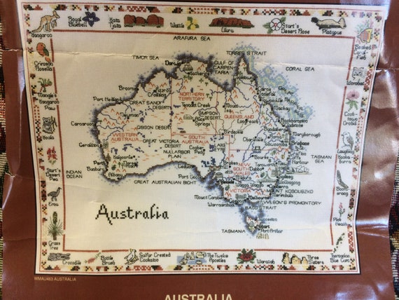 world maps australia world stitches by susan ryder from the studios of heritage stitchcraft cross stitch kit started ufo from lousatelier on etsy
