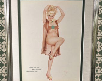 Vargas "Happy New Year" Pin-up 1960's - Framed Authentic Vintage Illustration