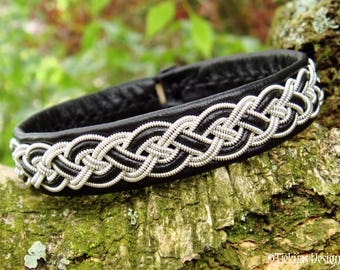 Genuine Handmade Sami Bracelet NIFLHEIM Norse Viking Bracelet Cuff in Black Leather with Pewter Braid and Antler Closure
