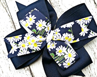 Daisy Ladybug Flower Hair Bow, Navy Blue, White and Yellow Daisies Bow, Bows for Girls Attach 4 Inch Bow to Hair Clips, Barrette or Headband