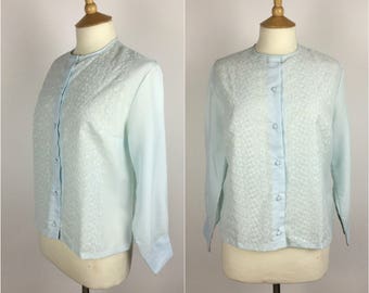 Vintage 1950s Blouse - 50s Blue Embroidered Top - Long Sleeved - UK 14 / US 10 / EU 42 - Medium -