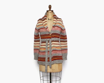 Vintage 70s Boho Belted Cardigan / 1970s Earthy Stripe Buttoned & Belt Cardi Sweater