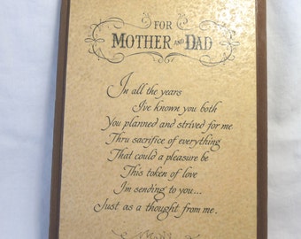 Mother and Dad, Vintage Plaque, Wooden Plaque, Vintage Wall Hanging, Vintage Wall Decor, Vintage Home Decor, Gift Idea, Unique Plaque, Sepia