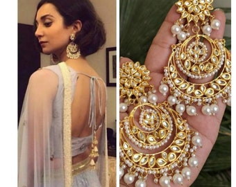 Indian jewelry traditional jewelry high quality gold plated Kundan earrings lined with fine pearls