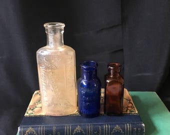 Set of 3 Vintage Small Glass Medicine Apothecary Bottles Clear, Cobalt Blue and Brown Glass Medicine Bottles, Apothecary Hall, Bromo Seltzer
