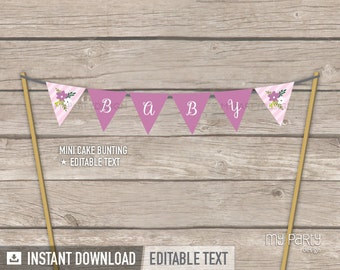 Floral Baby Shower - Cake Bunting - Mini Banner - Cake Topper - Girl Pink Stripes - INSTANT DOWNLOAD - Printable PDF with Editable Text
