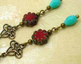 Red Blue Earring with Rustic Boho Flower and Turquoise Blue Glass Teardrop