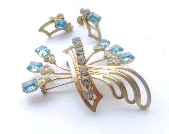 Blue Rhinestone Jewelry Set Brooch Earrings Set 1940's Antique Vintage Bridal Wedding Feminine Jewelry