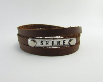 Stamped "SHINE" Leather Triple Wrap Bracelet