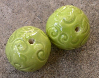 Round Ceramic Beads, Ceramic beads, Handmade Round Beads, green Beads, yellow green Beads, Lime green Beads, scroll beads, beads set