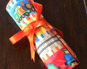 Handmade Train Quilted Pencil Roll-up.Pencil Organizer.Gift.Travel Pencil Roll.Pencils Included.Patchwork.Pencil Case.