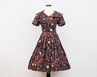 50s Mocha Cotton Day Dress - Vintage 1950s Fit and Flare Patterned Housewife Dress