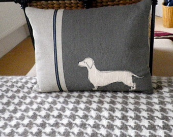Hand printed charcoal and ivory daschund cushion