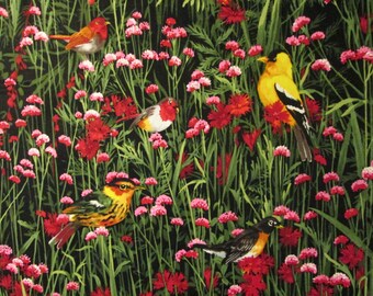 Bird Realistic Flowers Grass Nature Green Cotton Fabric Fat Quarter or Custom