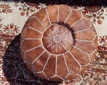 Handmade Moroccan Pouf, Genuine Leather Ottoman Footstool, Natural Tan Color (Unstuffed)