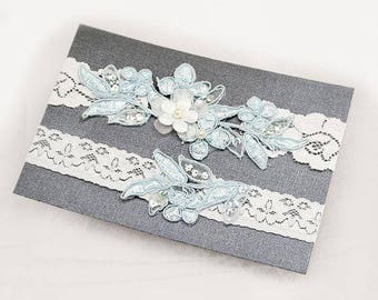 Light Blue Beaded Lace Wedding Garter Set , Keepsake Garter, Toss Garter, Customizable Handmade-GT029