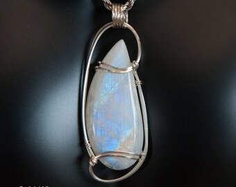 Large Rainbow Moonstone Wire Wrapped Pendant - Sterling Sliver Wire Wrapped Stone Pendant - Stone Wire Wrap Pendant - Moonstone Wire Wrap