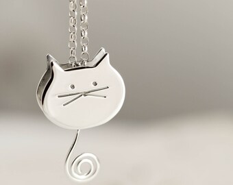 Sterling Silver Cat Necklace - Swinging Tail Cat Jewellery - Cat Lover Gift