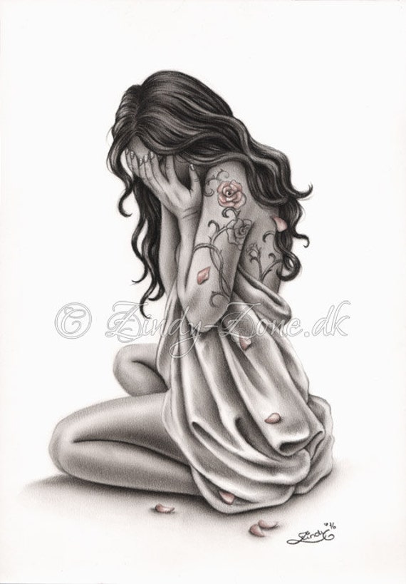 Petals of Sorrow Sad Crying Woman Rose Tattoo Art Print Emo