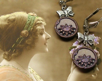 1800s Antique BUTTON earrings, Victorian purple flowers on silver. One of a kind jewellery.