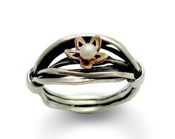 Gold flower Ring, Silver gold ring, two tones wire ring, wire silver wrap ring, flower ring, Pearl ring, Engagement ring, everyday ring