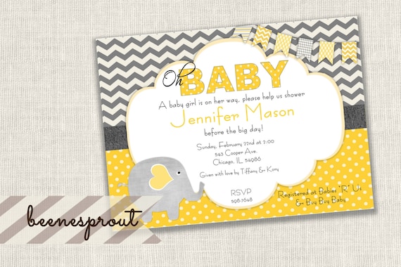 Yellow and Gray Elephant Baby Shower Invitation