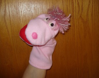 Pink fleece fabric hand puppet moveable mouth