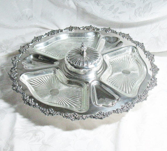 Vintage Large Silver Plated Lazy Susan with Glass Inserts