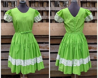 Vintage 1950's or 60's De LORIS Lime Green with White Lace Detail Square Dance Dress With Full Circle Skirt