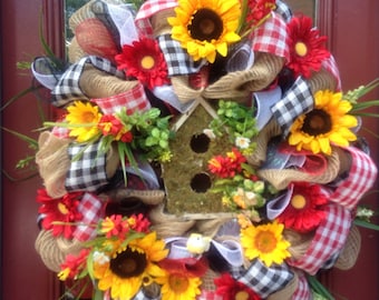 Sunflower burlap wreath ,burlap wreath,birdhouse wreath ,grapevine wreath