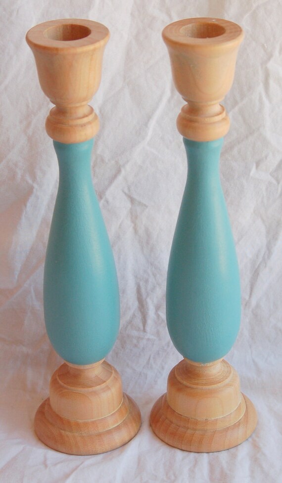 Items similar to Provence Blue Natural Wood Candlestick Candle Holder