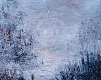 NIght Light, original oil painting on canvas, by Bonnie Kat, surreal, impressionistic, night, moonlit, magical, landscape