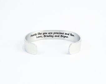 Personalized Aunt Gift - "Aunts like you are precious and few. Love, (personalization)" 1/2" hidden message cuff bracelet